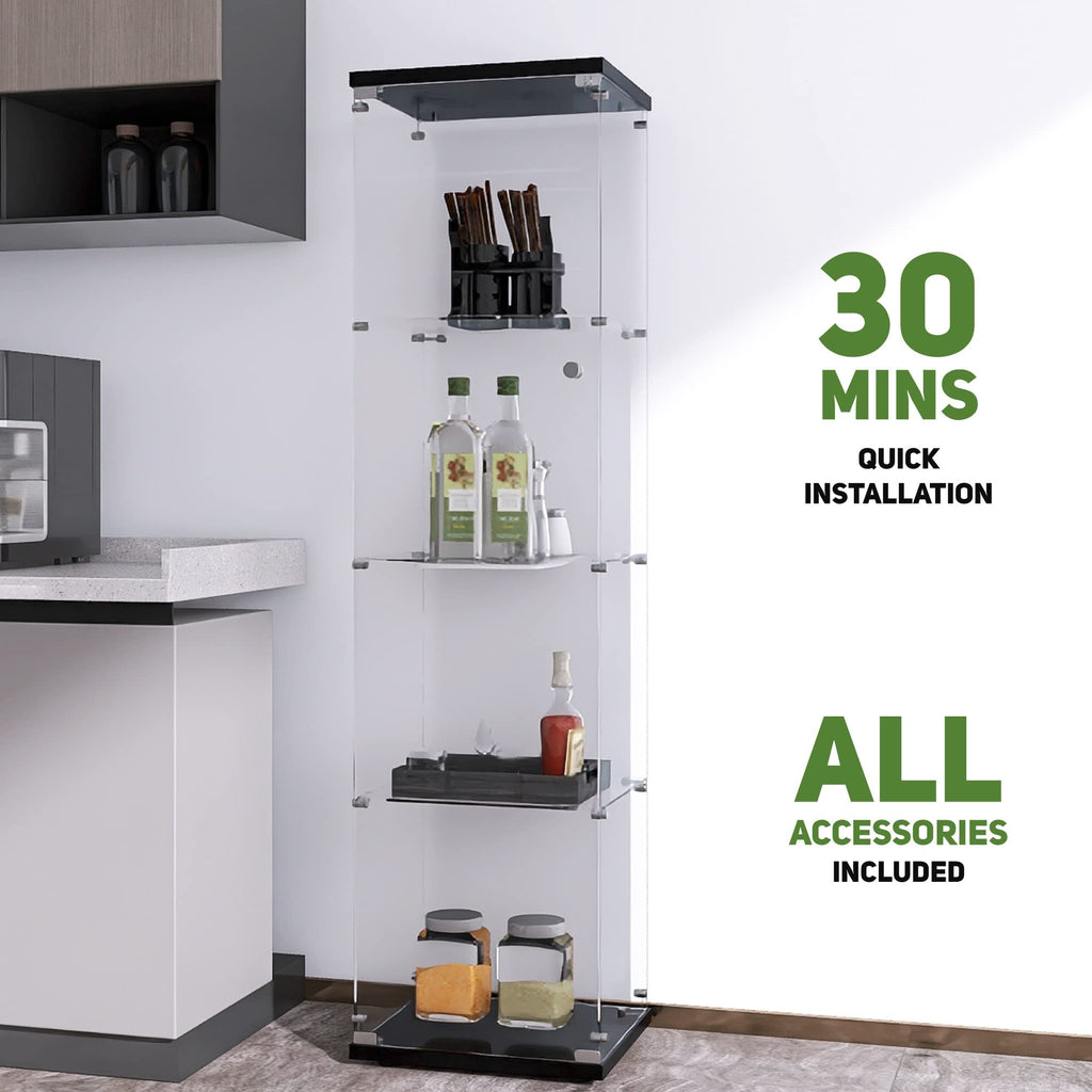 Beauty4U Glass Display Cabinet With 4 Shelves, Curio Cabinets For Living Room, Bedroom, Office, Black Floor Standing Glass Bookshelf, Quick Installation