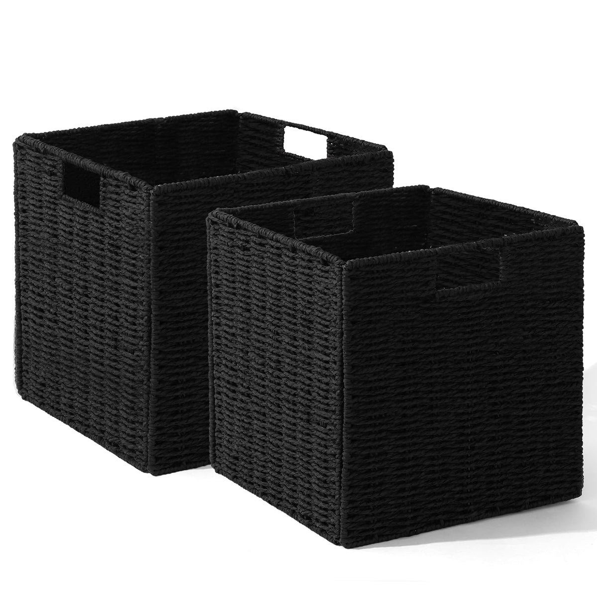 12x12x12in Wicker Baskets for Storage,Set of 2 HandWoven Paper Rope Wicker Basket, Black Storage Cubes,Foldable Cube Storage Bi