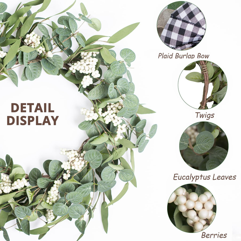 Artificial Eucalyptus Wreath For Front Door|20'' Green Leaf Wreath For Window Home Porch Farmhouse Patio And Garden Indoor Outdo