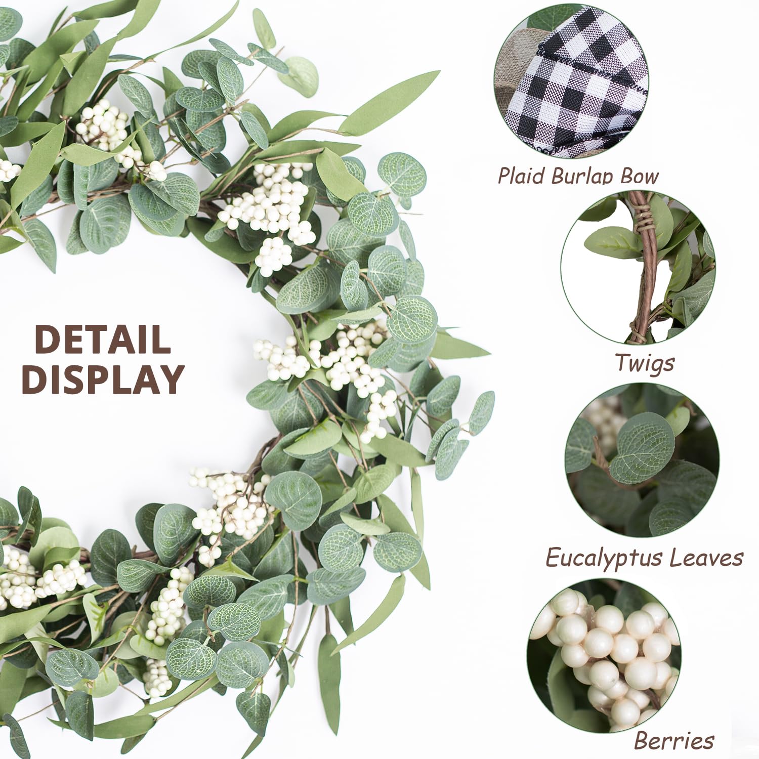 Artificial Eucalyptus Wreath For Front Door|20'' Green Leaf Wreath For Window Home Porch Farmhouse Patio And Garden Indoor Outdo