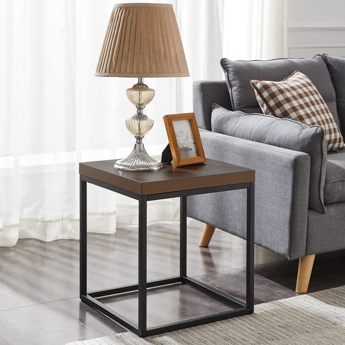 CENSI End Table Side Table Nightstand, for Living Room and Bedroom, Dark Walnut, Square Modern Industrial Brown Wood and Black M