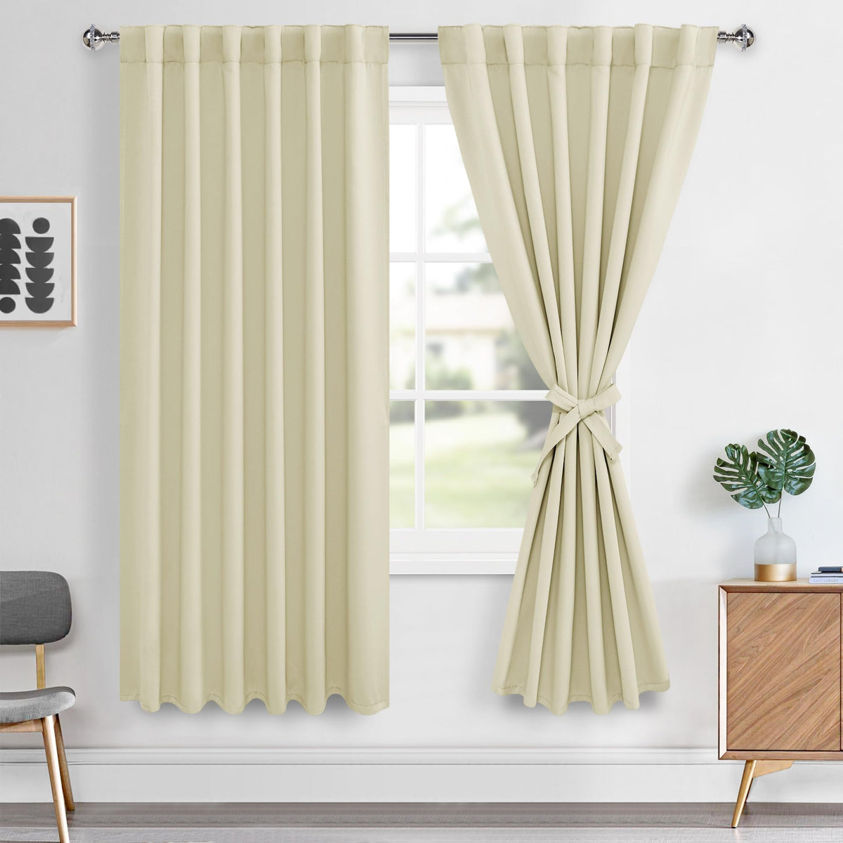 Hiasan Back Tab Room Darkening Curtains 2 Panels, Rod Pocket Biscotti Beige Blackout Curtains for Bedroom Living Room, Thermal I