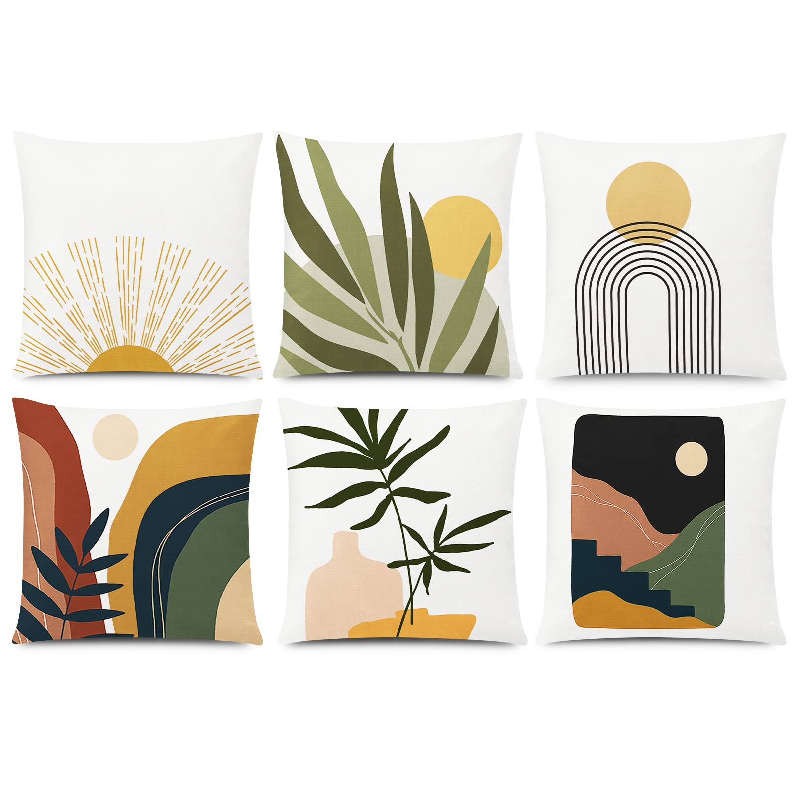 COMMINY Abstract Boho Pillow Covers 18x18 Set of 6,Rustic Sunset Leaves Throw Pillow Cover,Minimalist Modern Pillow Case for Cou
