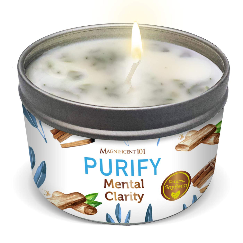 MAGNIFICENT 101 PURIFY Aromatherapy Candle for Clarity - Sage, Palo Santo, Sandalwood, Lavender Scented Natural SoyBean Wax Tin 