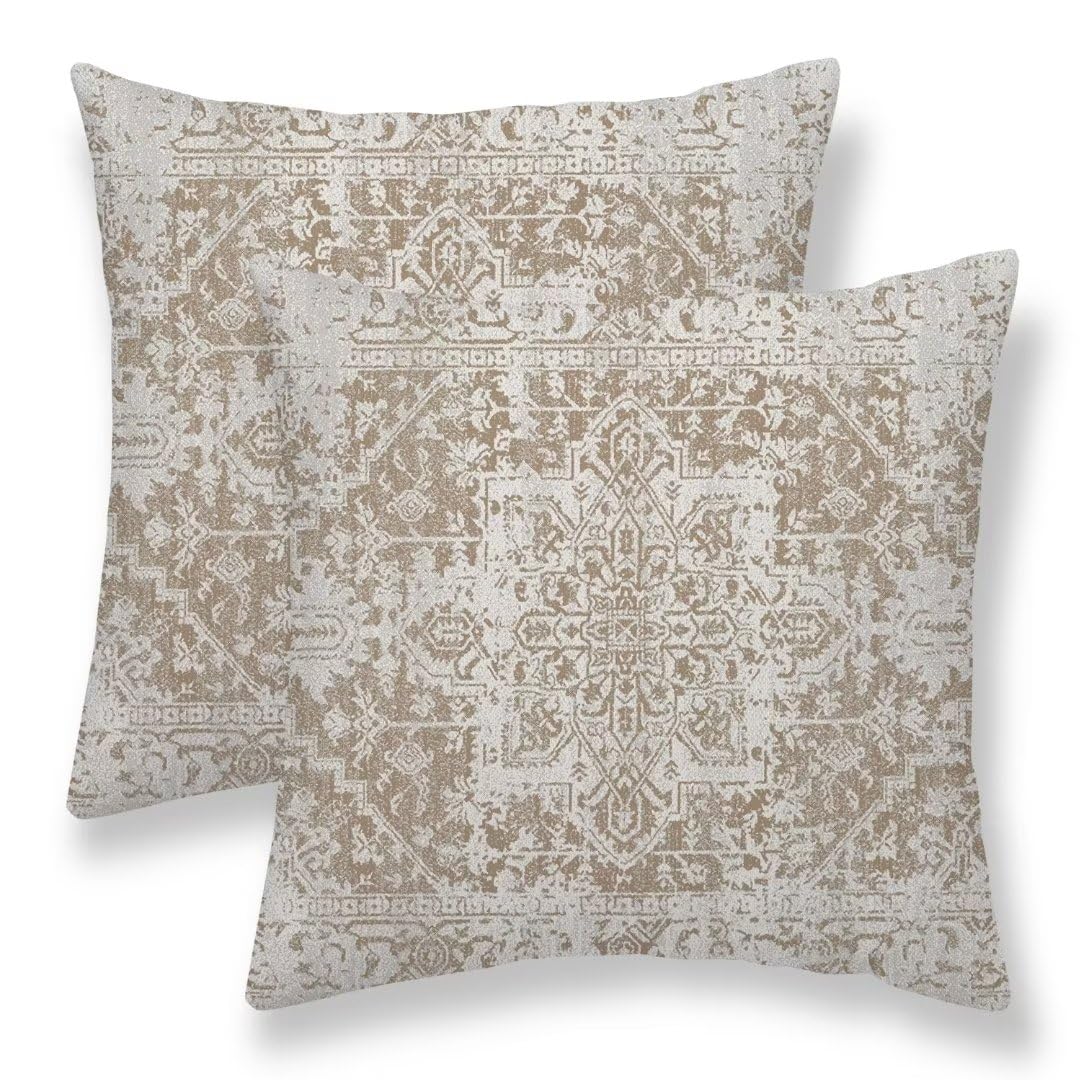 Sunshineyan Boho Pillow Covers 20X20 Set Of 2, Brown Beige Carpet Pattern Outdoor Decorative Throw Pillows Ethnic Rustic Farmhou
