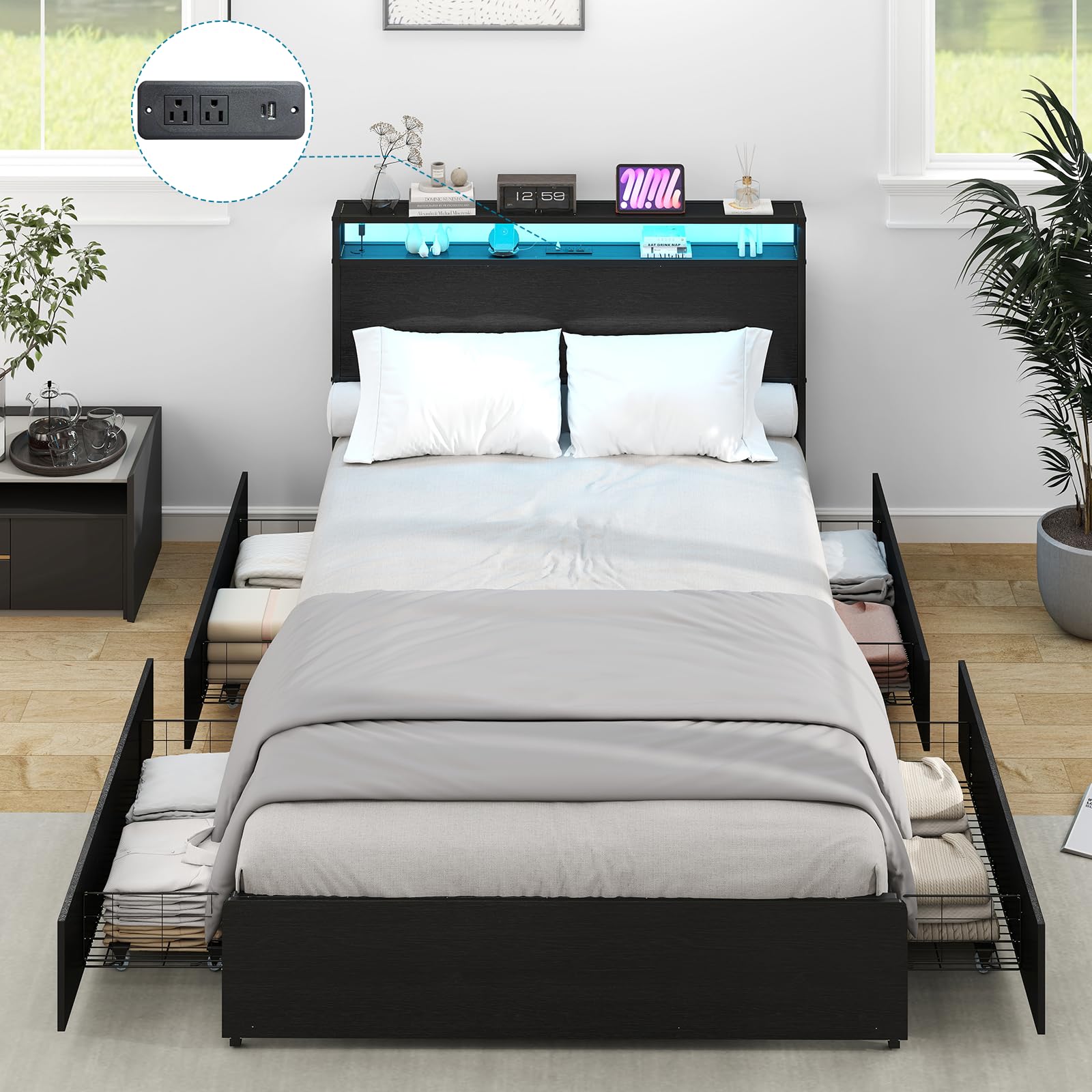 Kiivakii Twin Size Bed Frame with 4 Storage Drawers, LED Platform Bed with Headboard, Built in Charging Station, Noise Free, Met