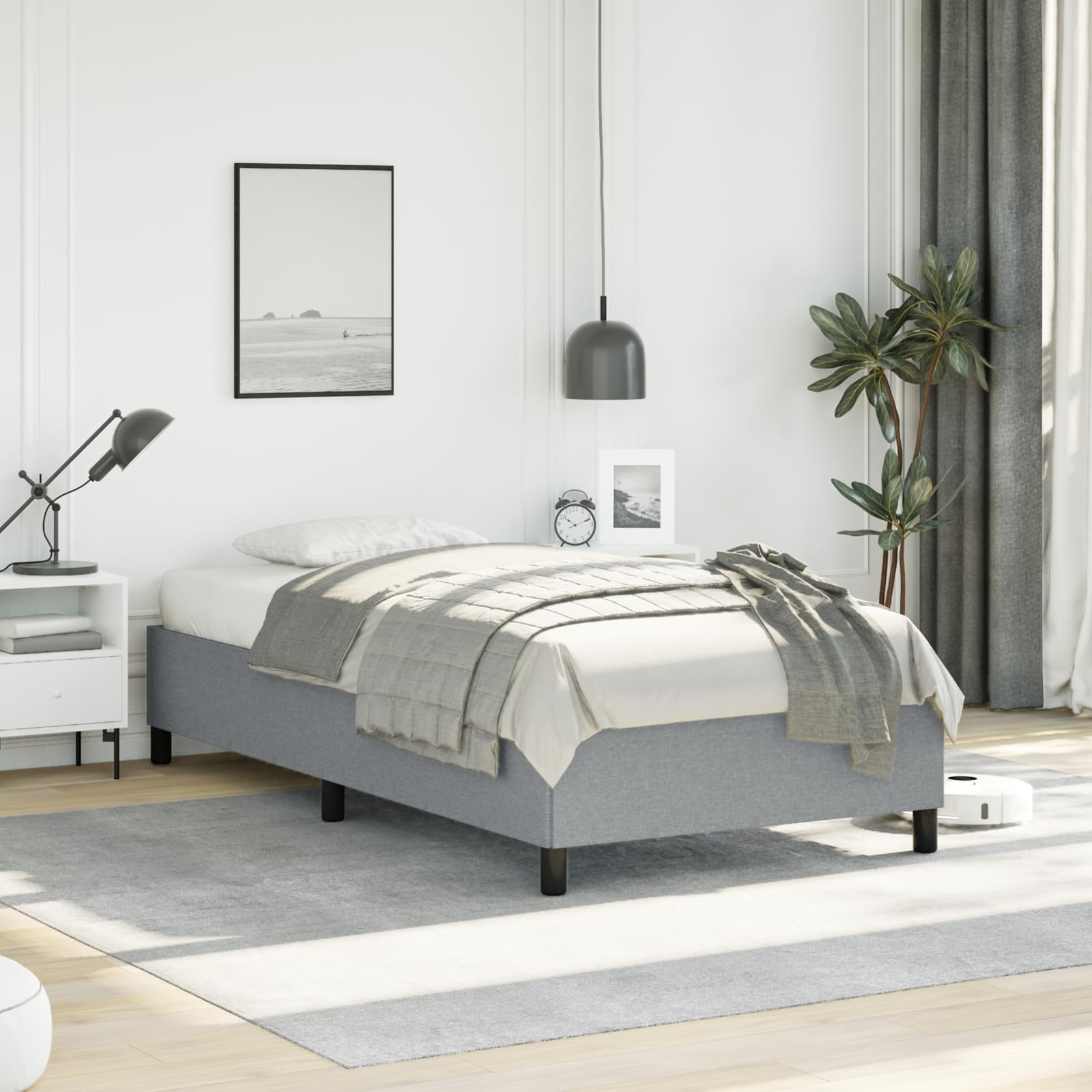 vidaXL Twin XL Size Bed Frame with Plywood Slats, Platform Bed Frame, Fabric Upholstered Mattress Foundation, No Box Spring Needed & Easy Assembly, Light Gray, Without Mattress