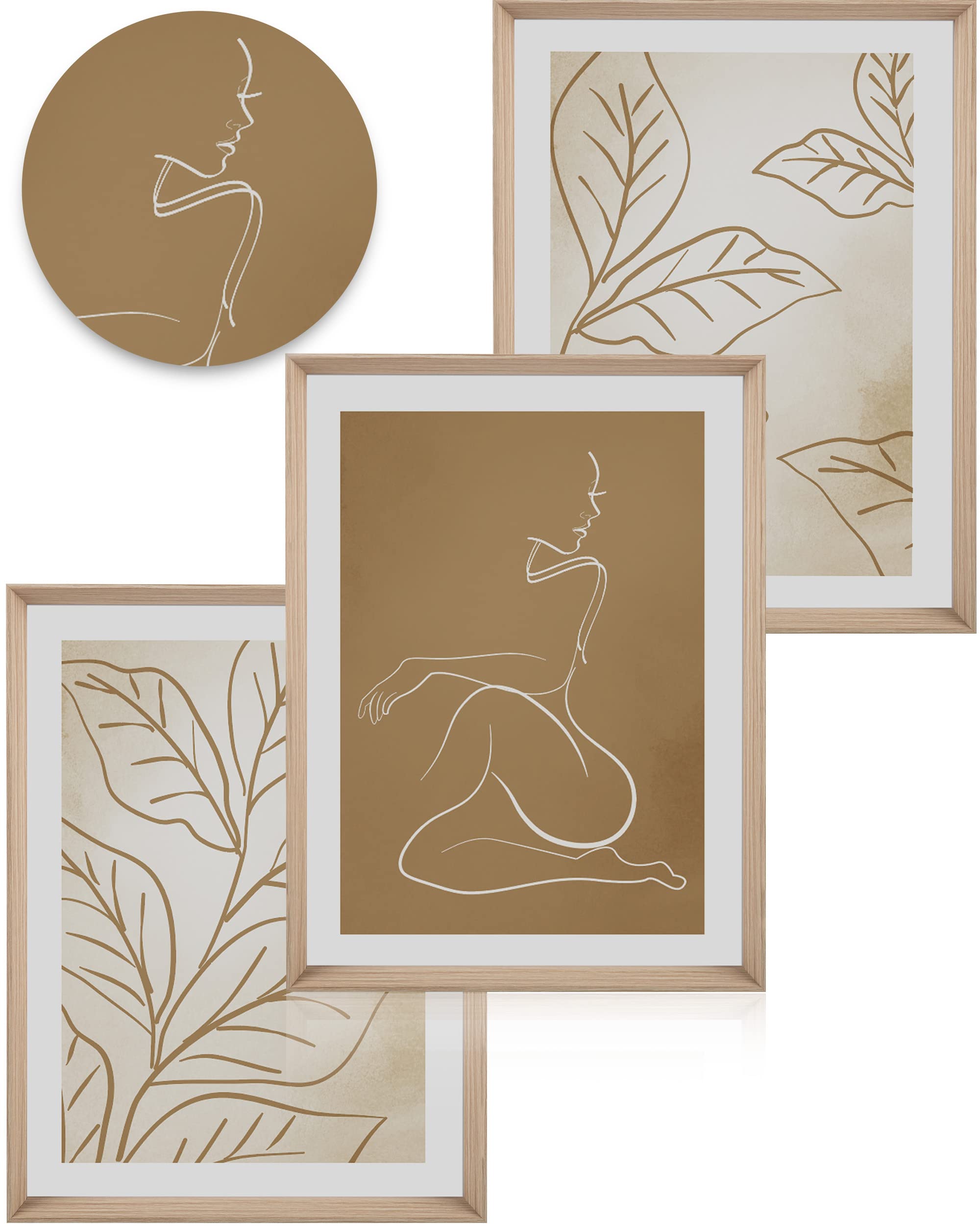 UPWOIGH Boho Canvas Wall Art(No Plexiglass), Framed High Side Wall Art, 16x12in Yellow-Brown Abstract Woman and Leaf Lines Minim
