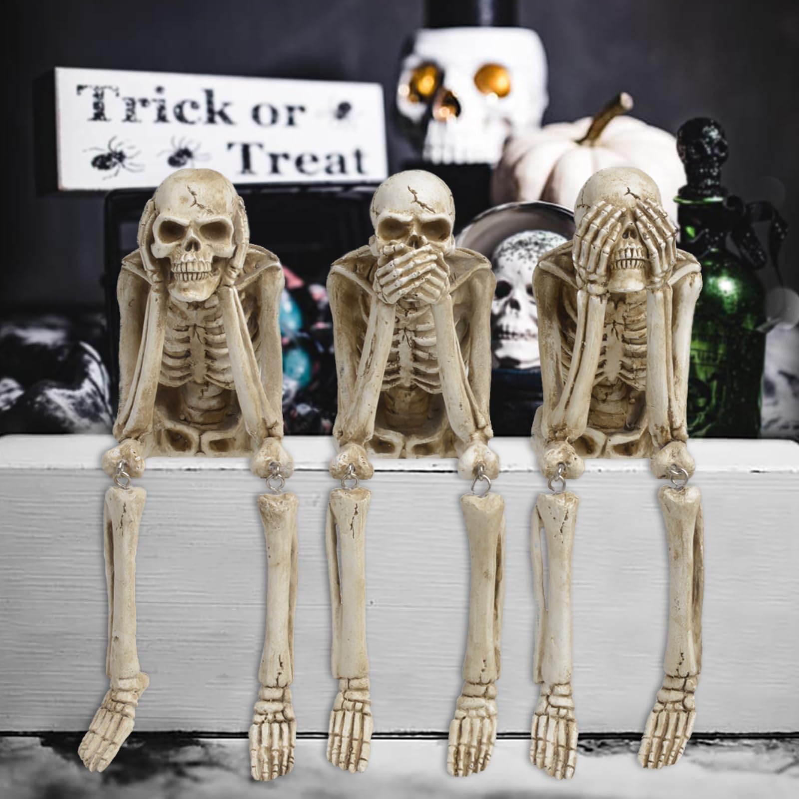 Newman House Studio Halloween Statues No-Evil Skeleton Collectible-Figurines - Realistic Skull Decorations See Speak Hear No Evi