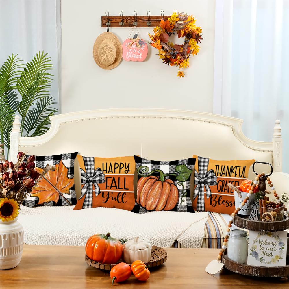 Geeory Fall Pillow Covers 18 X 18 Inch Set Of 4, Buffalo Bowknot Pumpkin Maple Leaf Decorative Throw Cushion Cases Farmhouse Tha