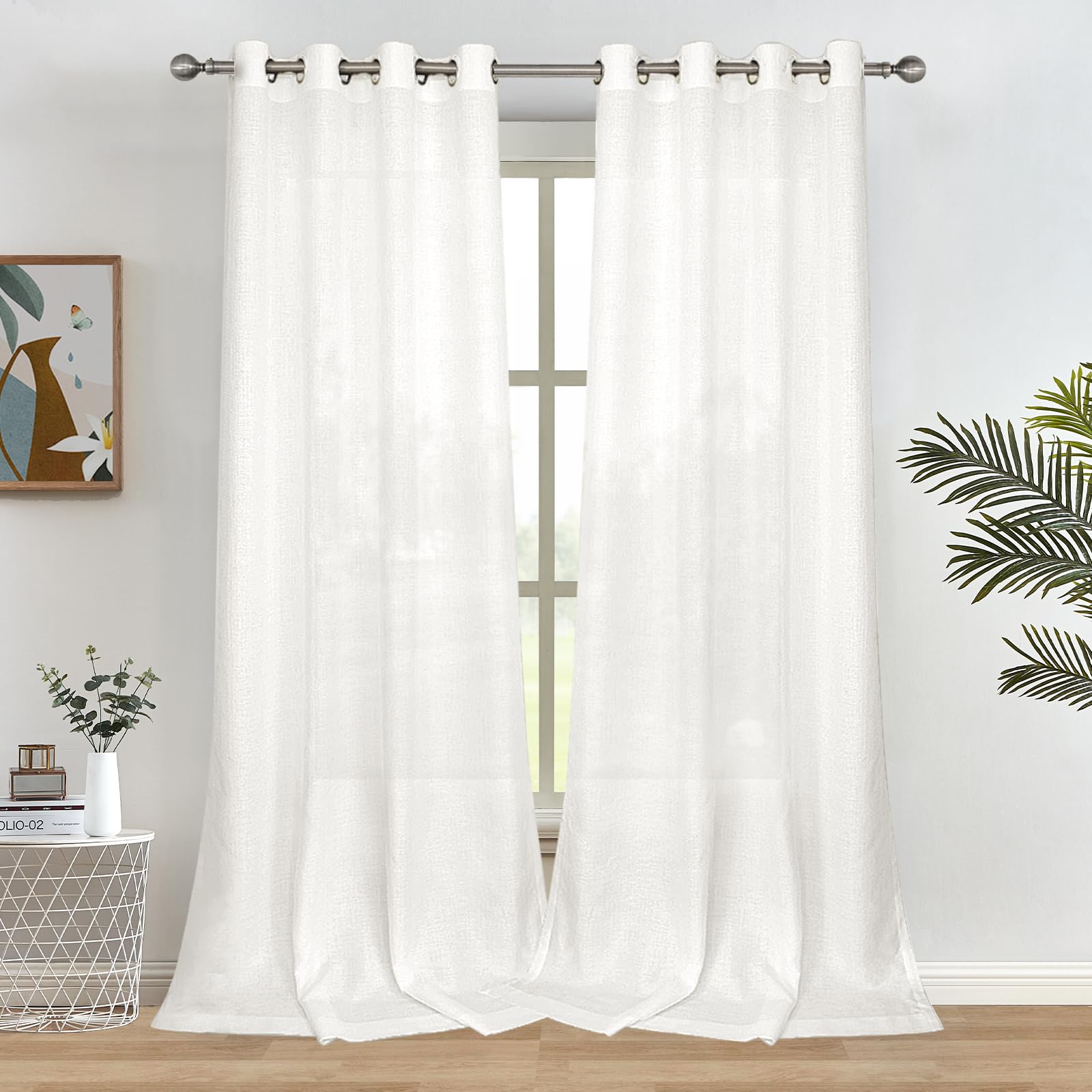 Melodieux Ivory Semi Sheer Curtains 84 Inches Long For Living Room, Bedroom Linen Look Window Privacy Grommet Light Filtering Sh