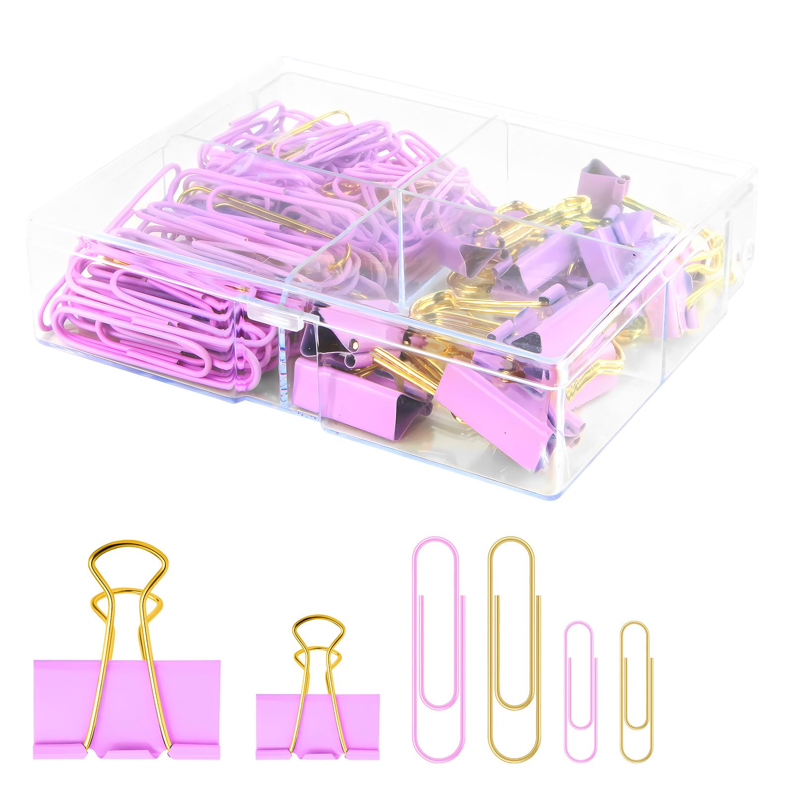 Creechwa Cute Paper Clips Binder Clips Combo Set, 165 Psc, Assorted Size Paper Clips For Office, Cute Office Supplies Set, Purpl