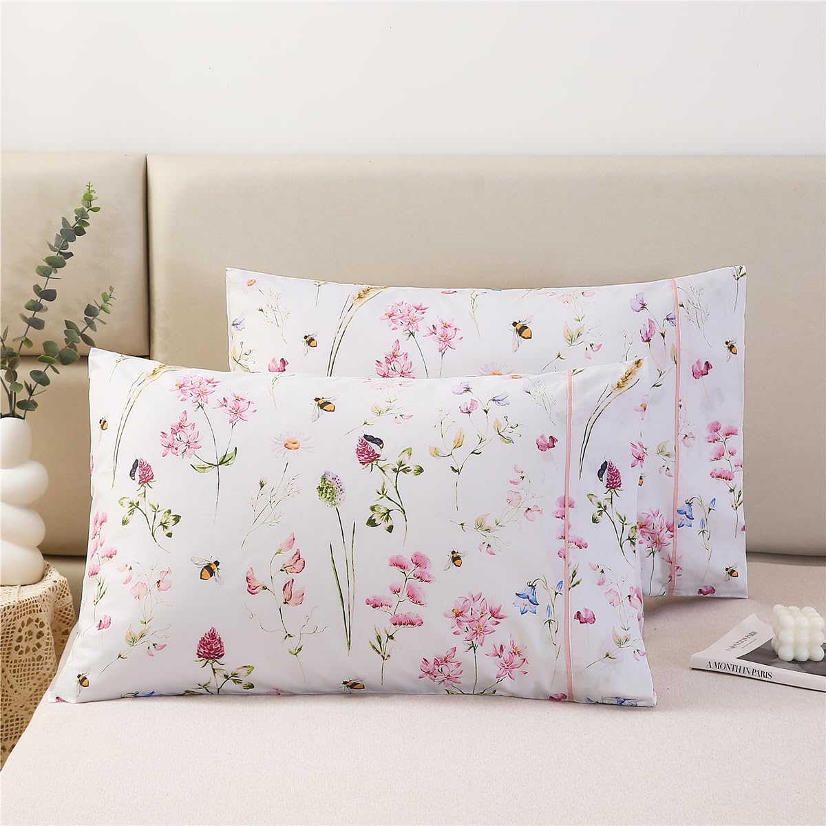 Urbonur 100% Cotton Pillowcases Set Of 2 King Size Garden Pink Flowers Bees Printed Pillow Cases Soft Cooling Pillowcase Decorat