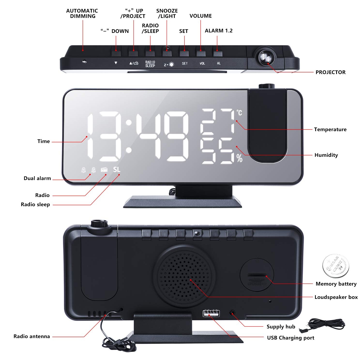Evilto Projection Alarm Clock For Bedroom Ceiling Digital Radio With Usb Charger Ports, 7.3'' Large Led Screen, 4 Dimmer, Dual A