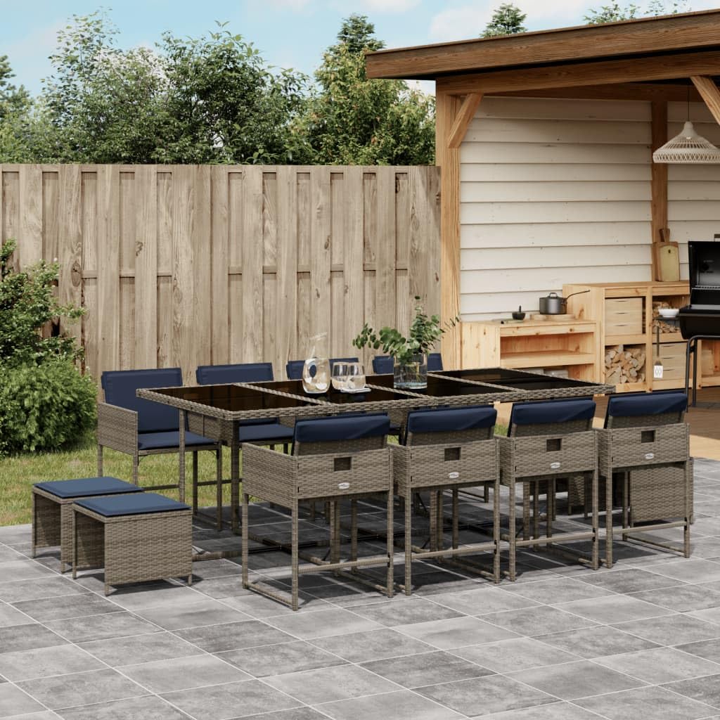 vidaXL Patio Dining Set - 13 Piece Garden Furniture with Cushions - Gray Poly Rattan with Glass Table - Outdoor, Garden, Backyard, Patio Use
