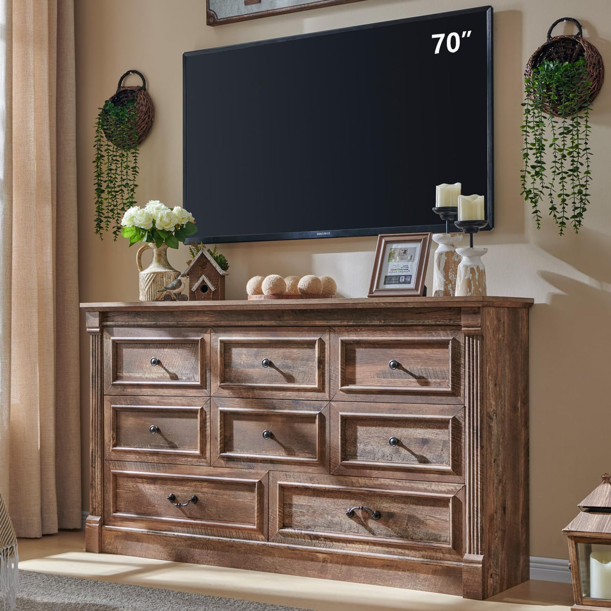 Aitjunz 8 Drawers Dresser For Bedroom, Farmhouse 61'' Wide Dressers & Chests Of Drawers W/Roman Column, Large Storage Dressers O