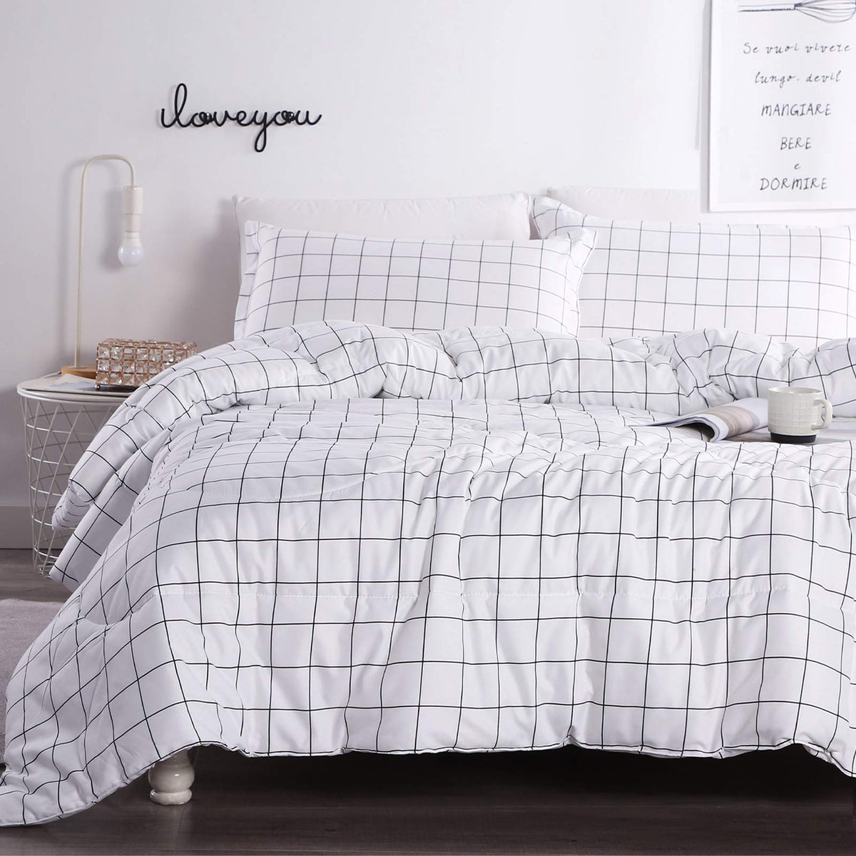 Andency White Grid Comforter Set Twin Size (66X90 Inch), 2 Pieces(1 Grid Comforter And 1 Pillowcase), Summer Lightweight Microfi