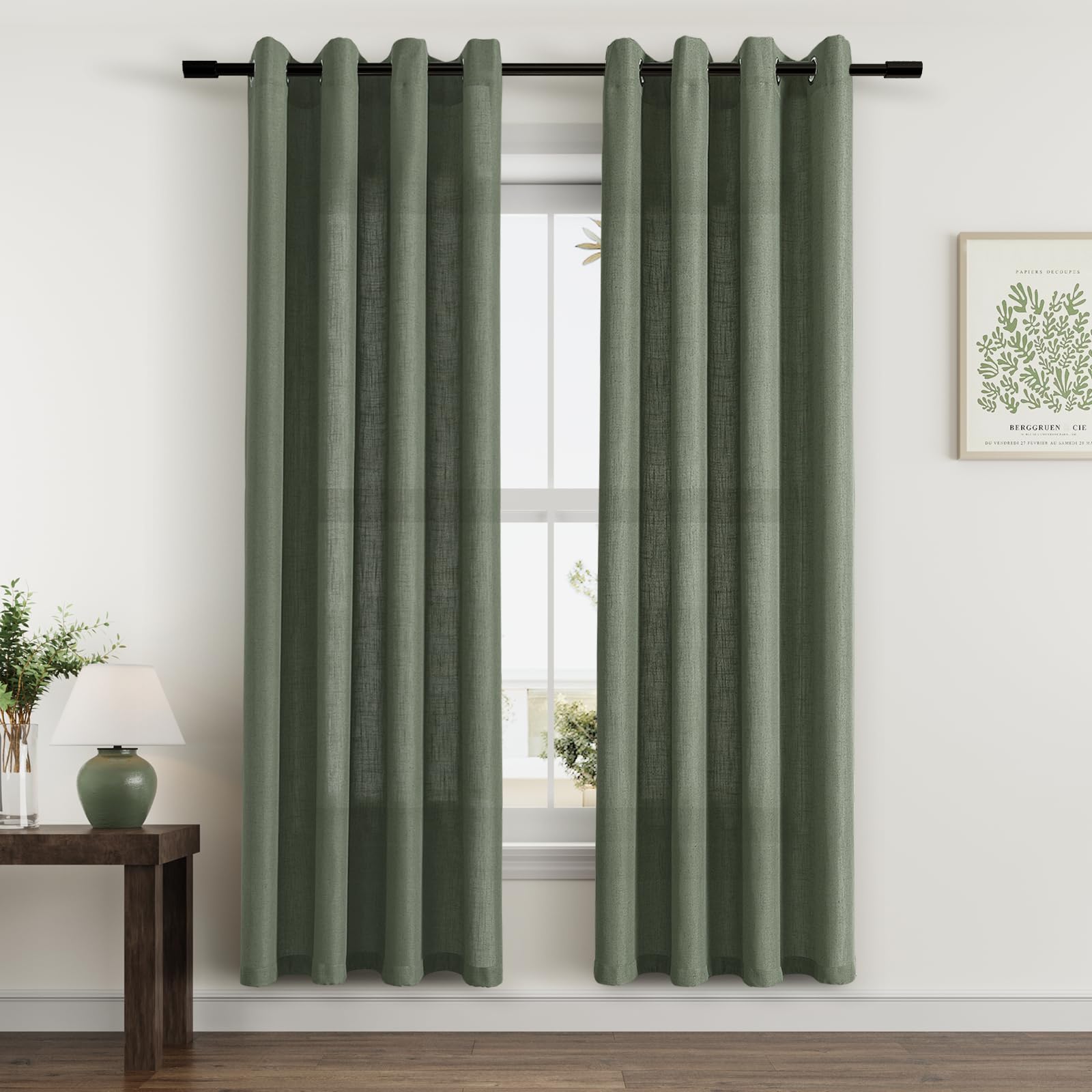 80 Inch Olive Green Linen Curtains For Living Room 2 Panels Semi Sheer Light Filter Linen Drape Boho Farmhouse Floor Length Grom
