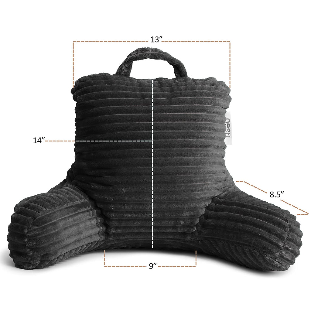 Nestl Cut Plush Striped Reading Pillow For Kids & Teens, Small Back Pillow, Back Support Pillow, Shredded Memory Foam Bed Rest Pillow With Arms, Dark Gray