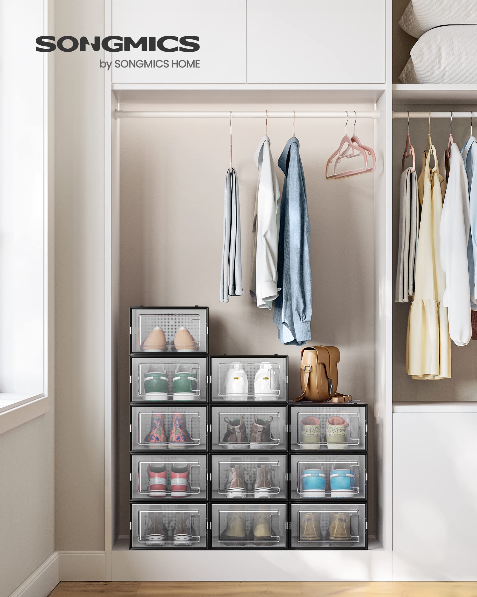 SONGMICS Shoe Boxes - Stackable Clear Plastic Organizers, 12 Count, Fits US Size 11, Transparent  Black, Model ULSP006B12