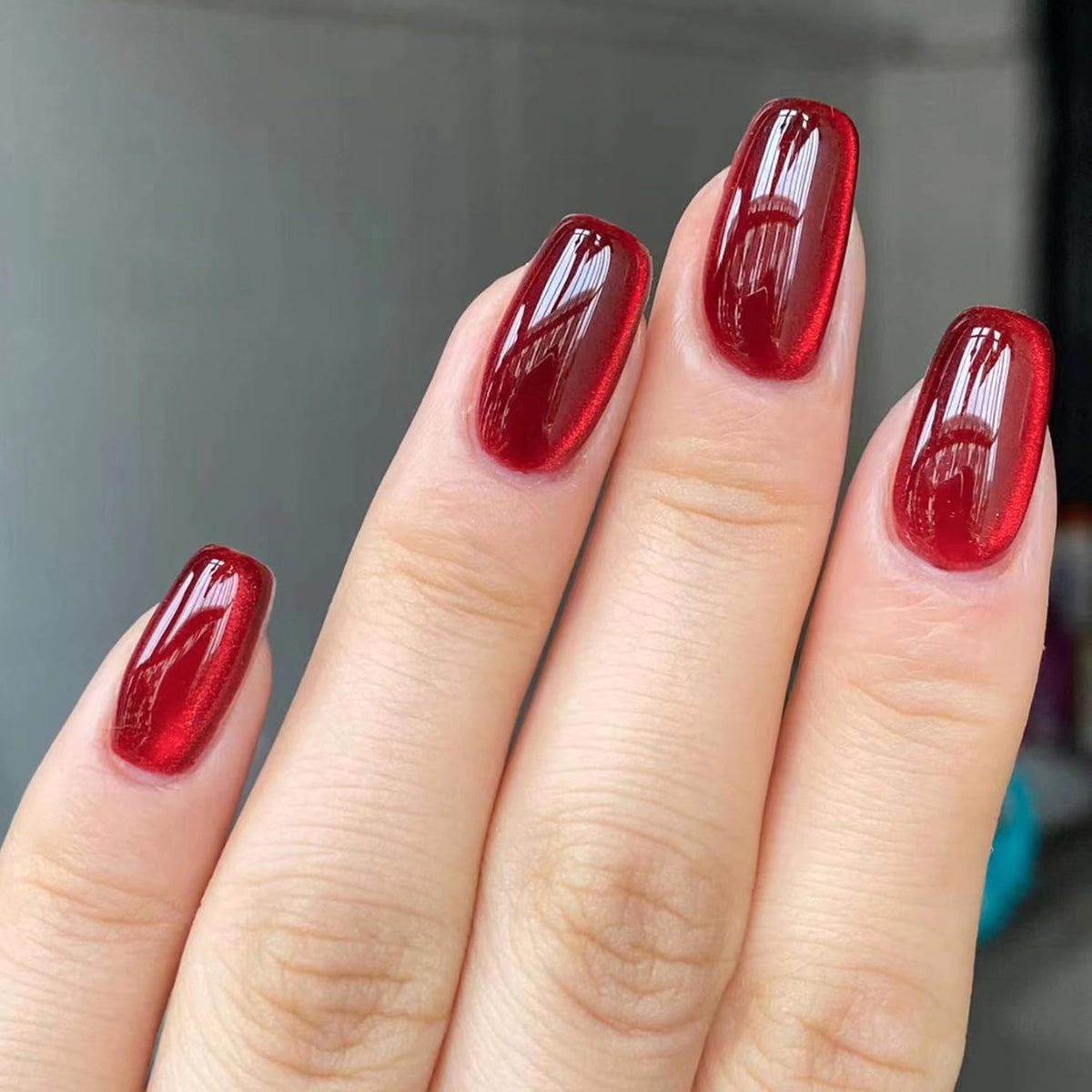 Red Cat Eye Fake Nails Medium Square Press on Nails Mirror Full Cover Acrylic Glue on Nails Reusable Artificial Stick on Nails f