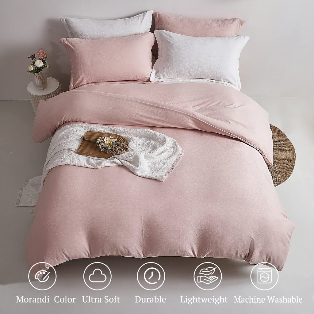 Mildly Super Soft Duvet Cover - 100% Washed Microfiber Pink Comforter Cover Set 3 Pieces With Zipper Closure & Corner Ties (No C