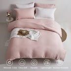 Mildly Super Soft Duvet Cover - 100% Washed Microfiber Pink Comforter Cover Set 3 Pieces With Zipper Closure & Corner Ties (No C