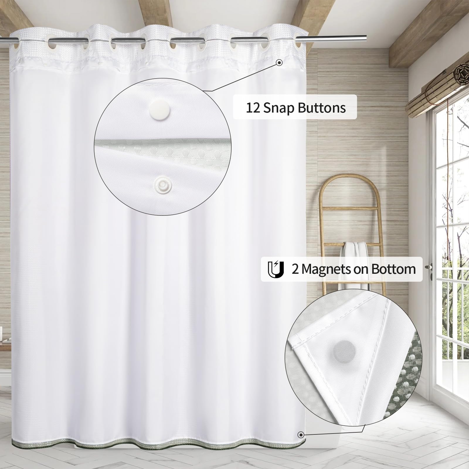 Mitovilla Emerald Green Ombre Long Shower Curtain 72 X 80, No Hooks Needed 80 Inch Long Heavyweight Waffle Fabric Shower Curtain