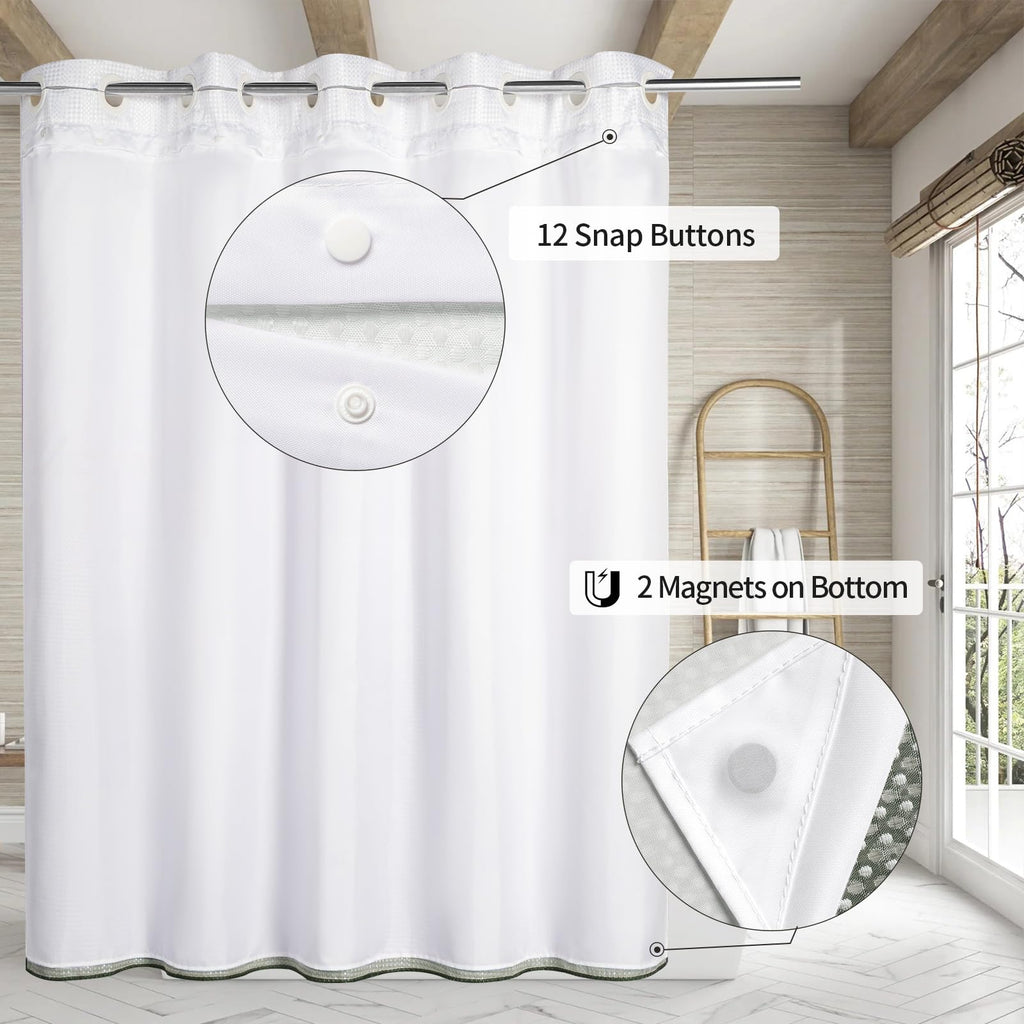 Mitovilla No Hooks Needed Extra Long Shower Curtain With Snap-In Liner, 86 Inch Xl Emerald Green Ombre Heavyweight Waffle Fabric