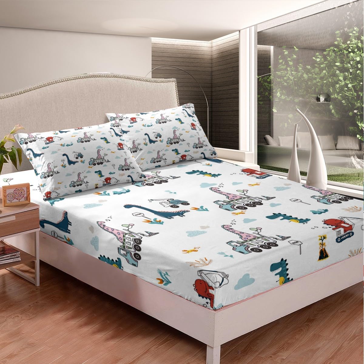 Feelyou Cartoon Dino Excavator Sheet Set Twin Size, Dinosaur Construction Bed Sheets Set Kids Toddler Construction Vehicles Shee
