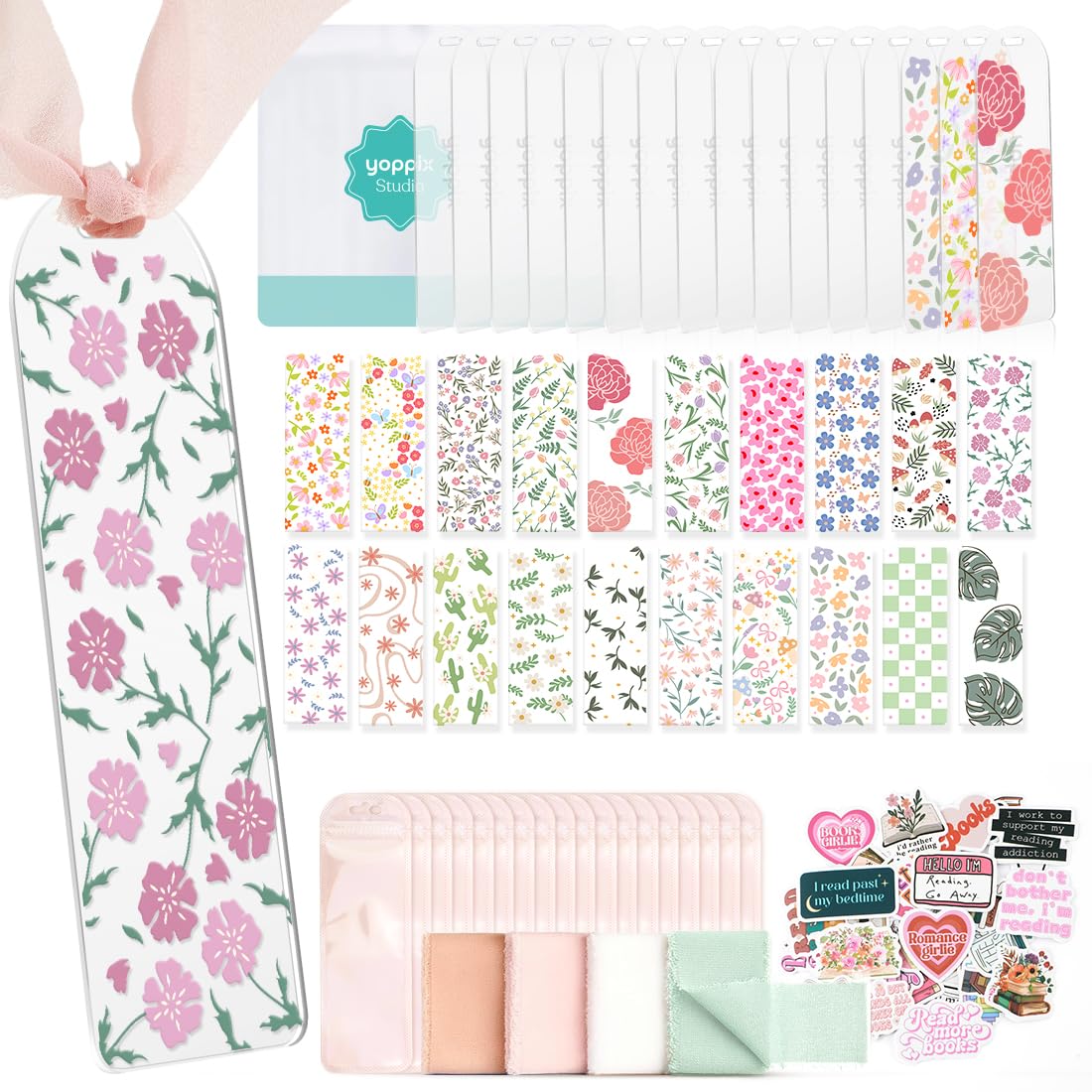 YOPPIX 6x2    Acrylic Bookmark Blanks- 20 Set Bookmark Making Kit with 20 UV DTF Stickers About Flower Theme 20 Ribbon 80 Bookis