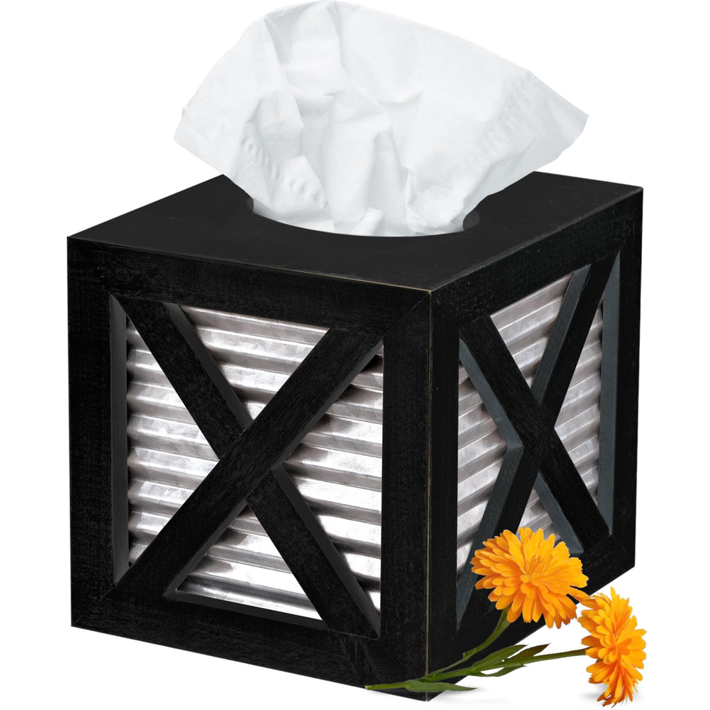 Autumn Alley Barn Door Square Farmhouse Tissue Box Cover in Black and Galvanized - Farmhouse Bathroom Accessories - Rustic Bathr