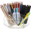 Zonon Acrylic Pen Holder Pencil Organizer 360 Degree Rotating Art Pencil Holder Organizer With 7 Compartments Acrylic Hexagon Pe