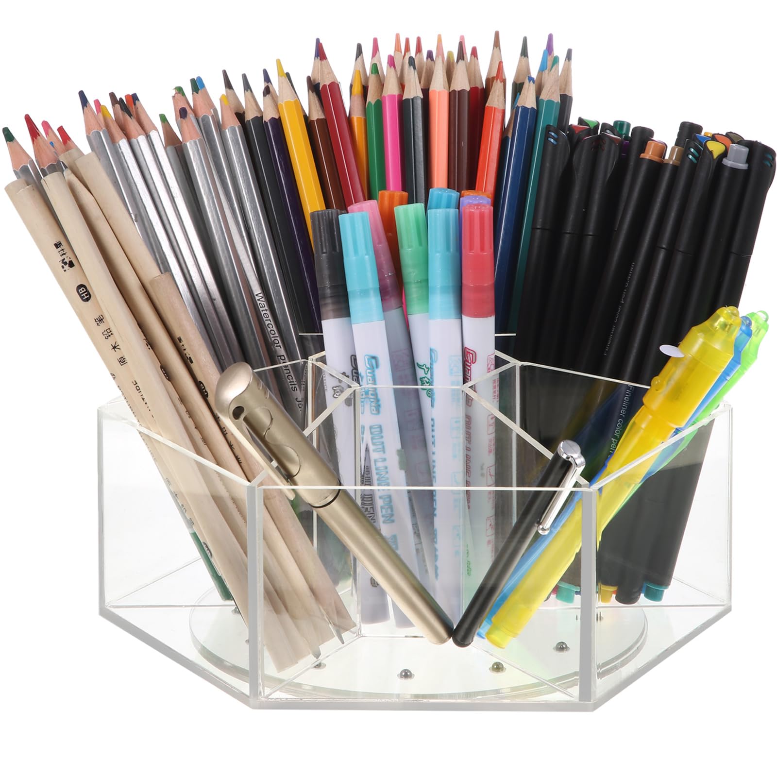 Zonon Acrylic Pen Holder Pencil Organizer 360 Degree Rotating Art Pencil Holder Organizer With 7 Compartments Acrylic Hexagon Pe