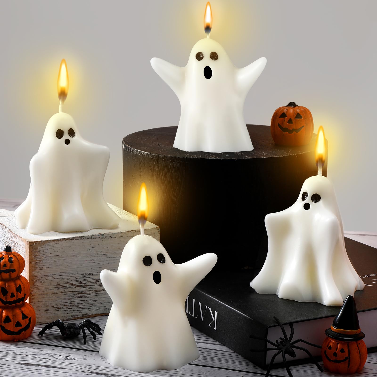 Minatee 4 Pieces Large Ghost Candles, Scented Candles White Candles Spooky Candles Goth Gifts for Decor Home Decor Halloween Par