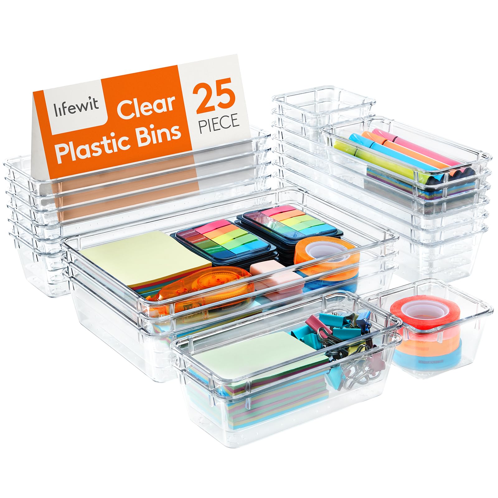 Lifewit 25 Pcs Drawer Organizer Set Clear Plastic Desk Drawer Dividers Trays Dresser Storage Bins Separation Box For Makeup, Jew