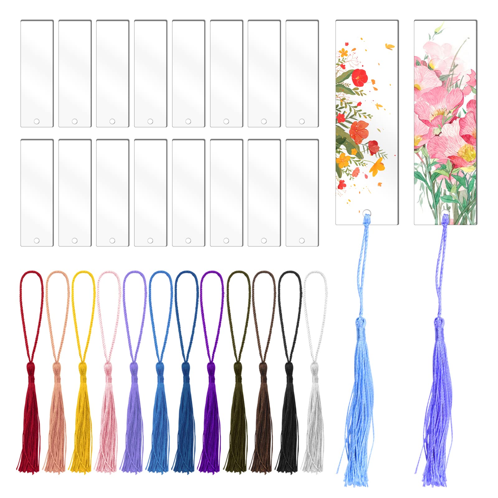Tecmisse Blank Bookmarks Bulk, 45 Pack Clear Acrylic Craft Bookmarks With 45 Pieces Colorful Tassel, Rectangle Shape Diy Bookmar