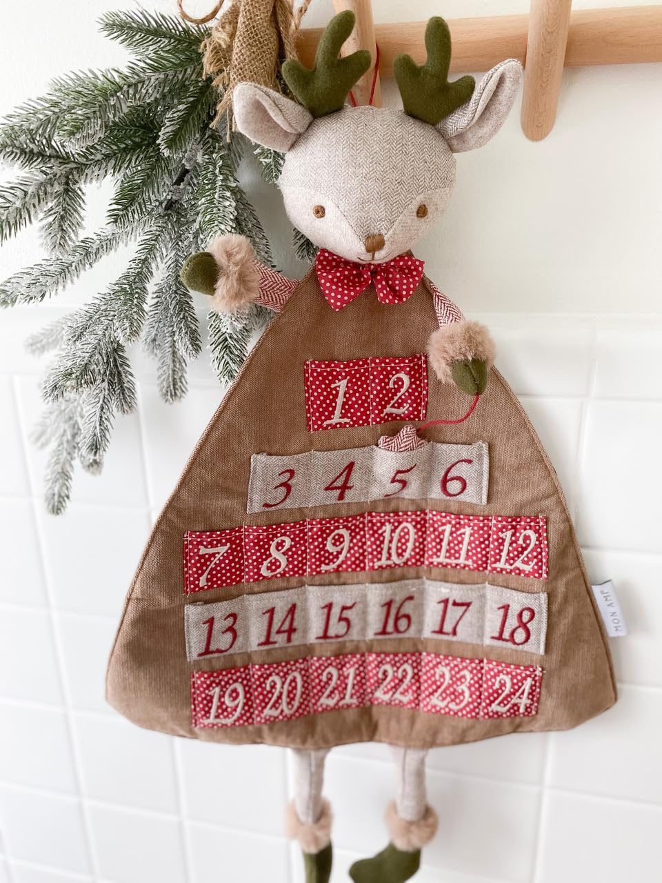 Mon Ami Holiday Reindeer Inspired Plush Advent Countdown To Christmas Calendar, Wall Hanging, Christmas Decor, Fabric Calendar,