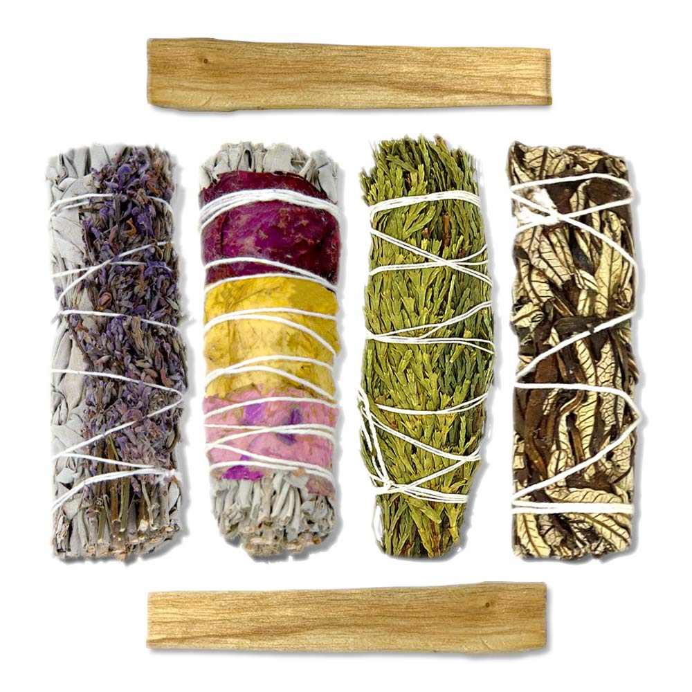 Life of Gaia Sage Smudge Kit White Sage Sticks + Lavender and Rose Petals, Cedar Smudge Stick, Yerba Santa Stick & Palo Santo St