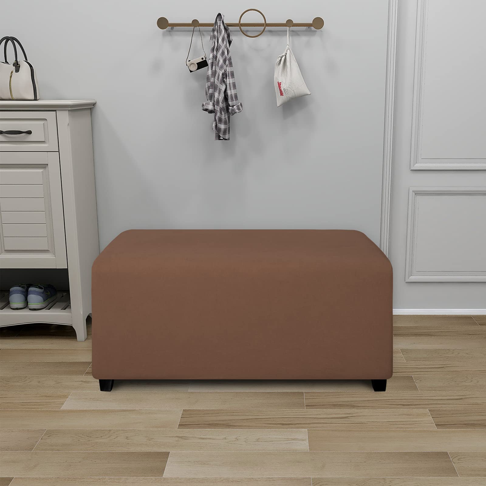 Purefit Super Stretch Soft Form Fit Ottoman Cover Rectangle - Ottoman Slipcovers For Foot Stool & Folding Storage Furniture For Living Room With Nonslip Elastic Bottom (Small, Brown)