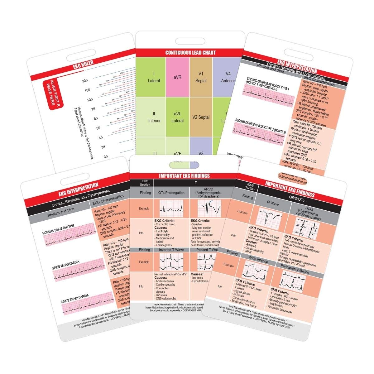 Ekg Card Set (Vertical) - 6 Card Ecg Telemetry Cards With Ekg Ruler, Electrocardiogram Rhythm Interpretations, Cardiac Findings,