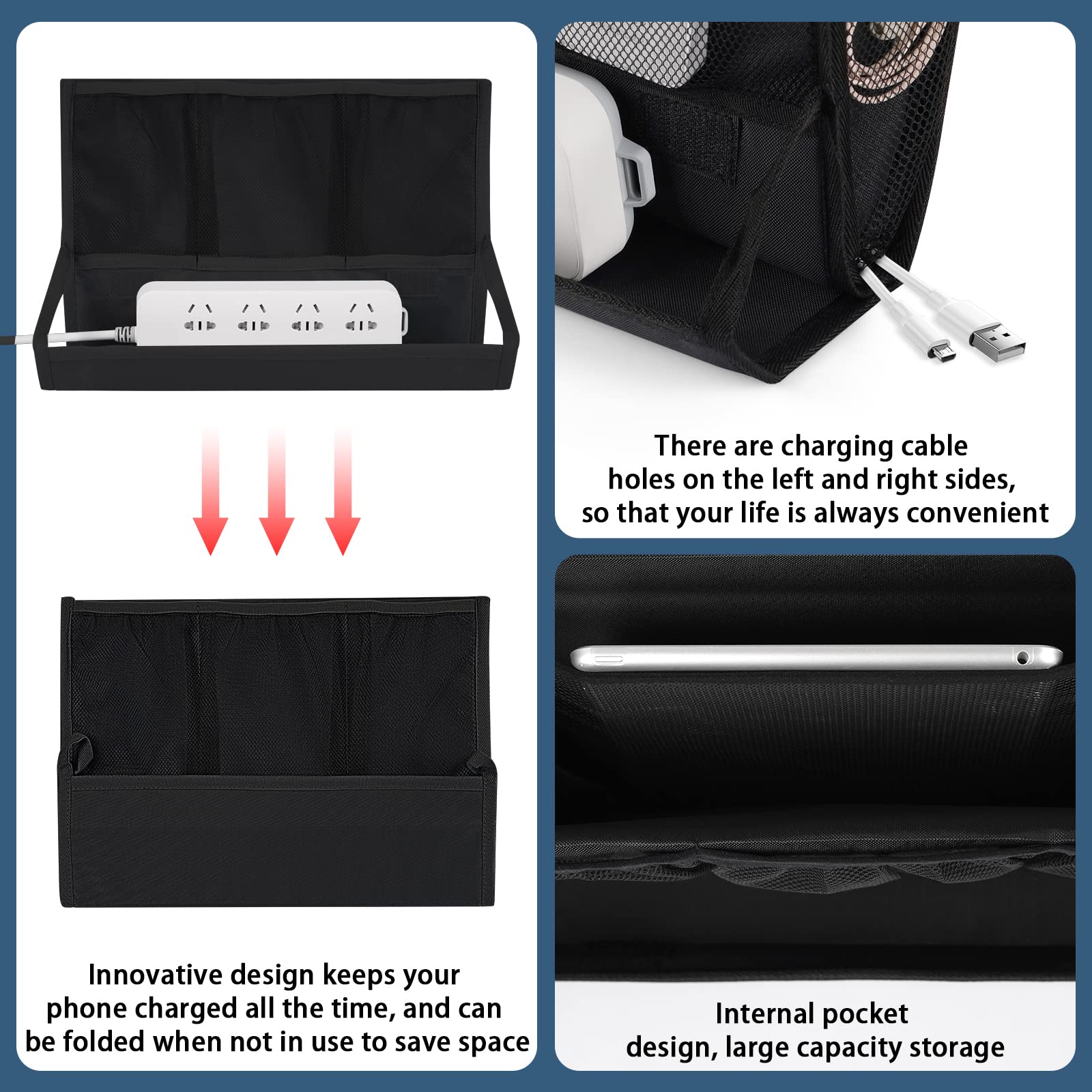 Retyion Bedside Storage Organizer With Power Strip Holder And Adjustable Straps Bed Hanging Bag For Home Bunk Bed Dorm Sofa (Bla