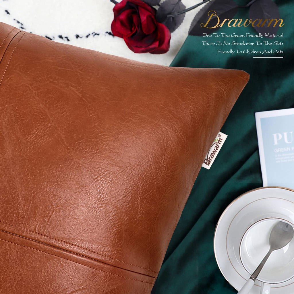 Brawarm Faux Leather Throw Pillow Covers 16 X 16 Inches, Cognac Leather Pillow Cover, Hand Stitched Leather Decorative Pillow Co