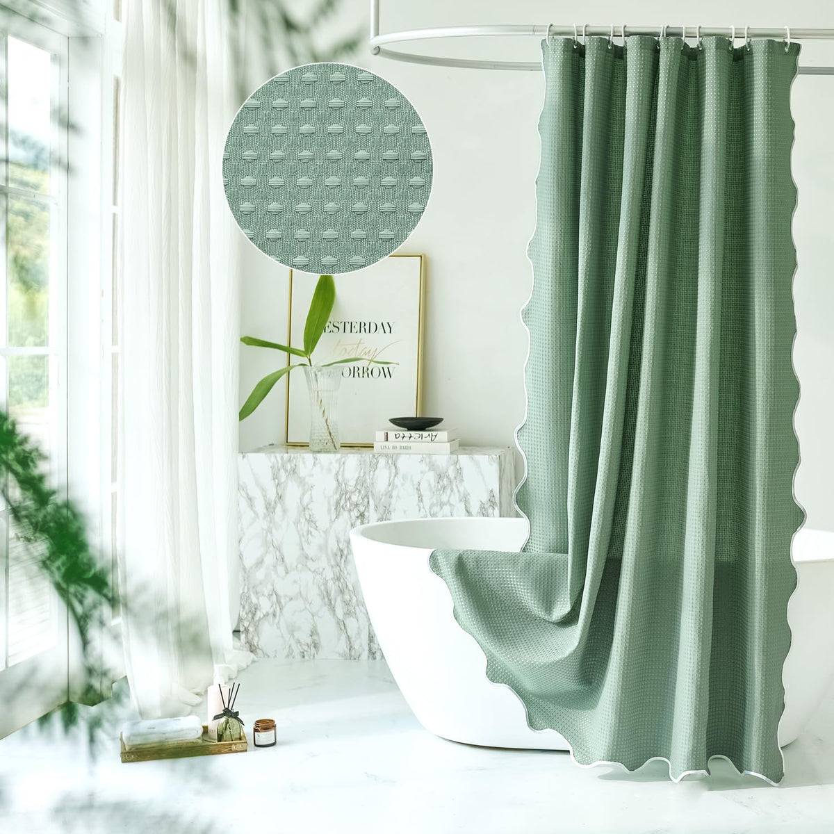 Youngseahome Sage Green Scalloped Shower Curtain,Boho Preppy Shower Curtains For Bathroom,Fabric Shower Curtain With 230Gsm Waffle Wave,72 X 72 Inches