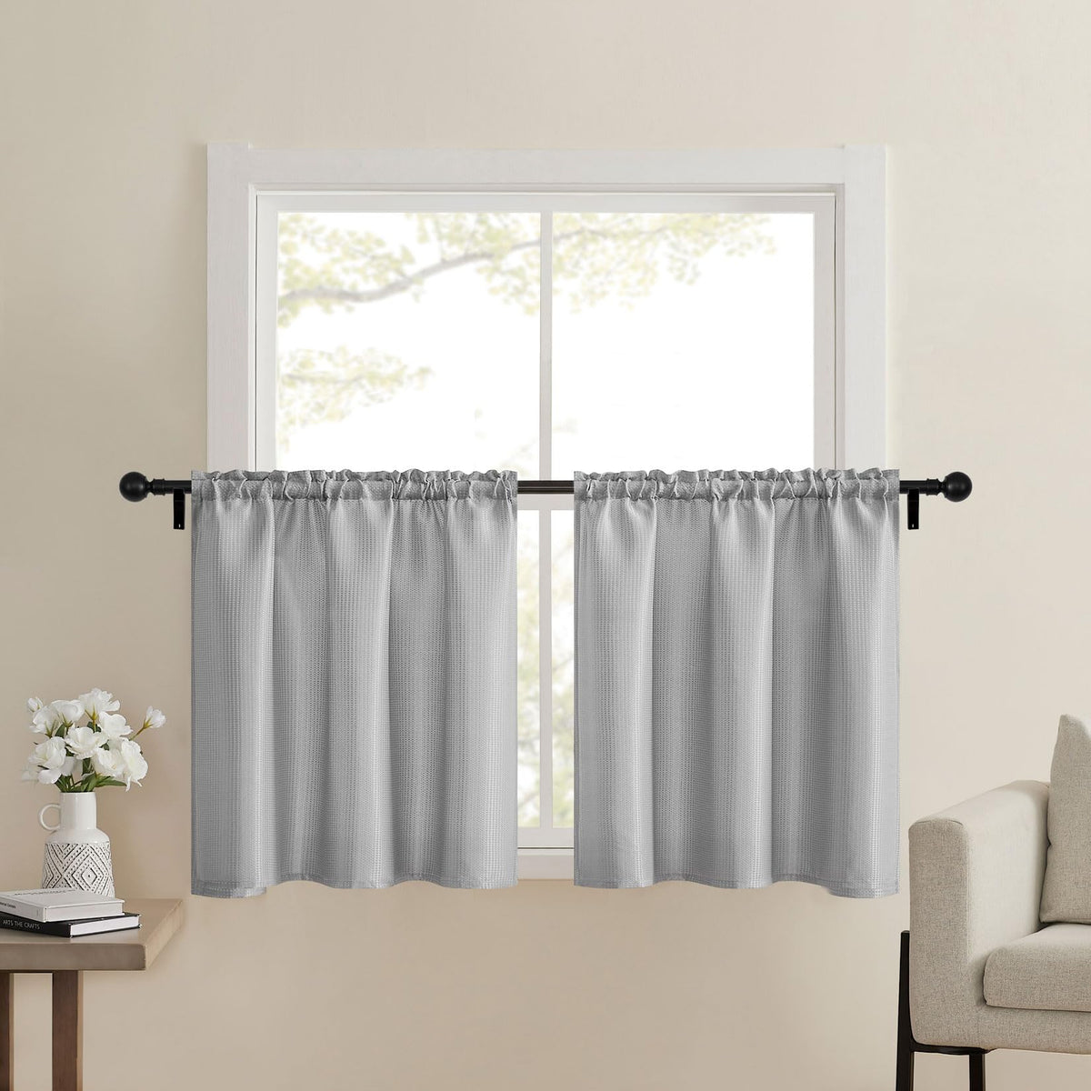 Home Queen Grey Waffle Bathroom Window Curtains, Short Water Repellent Rod Pocket For Small Kitchen Window, 24 W X 24 L Inch Eac