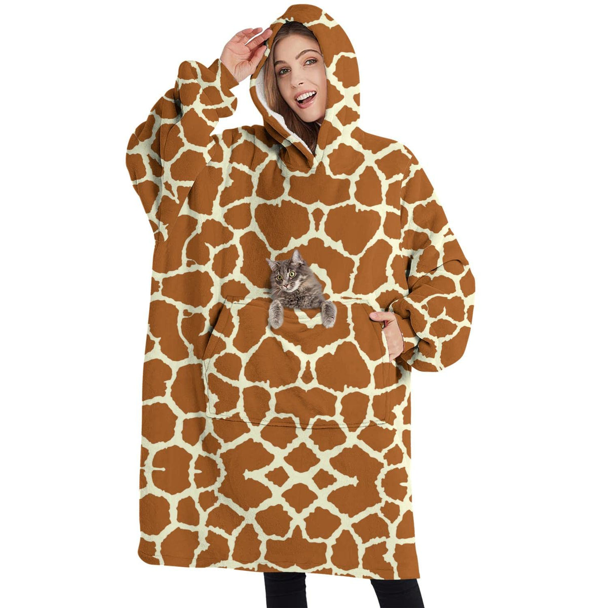 Touchbetter Brown Giraffe Skin Wearable Oversized Blanket, Sherpa Blanket Hoodie With Super Pockets, Super Warm Fuzzy Pullover F