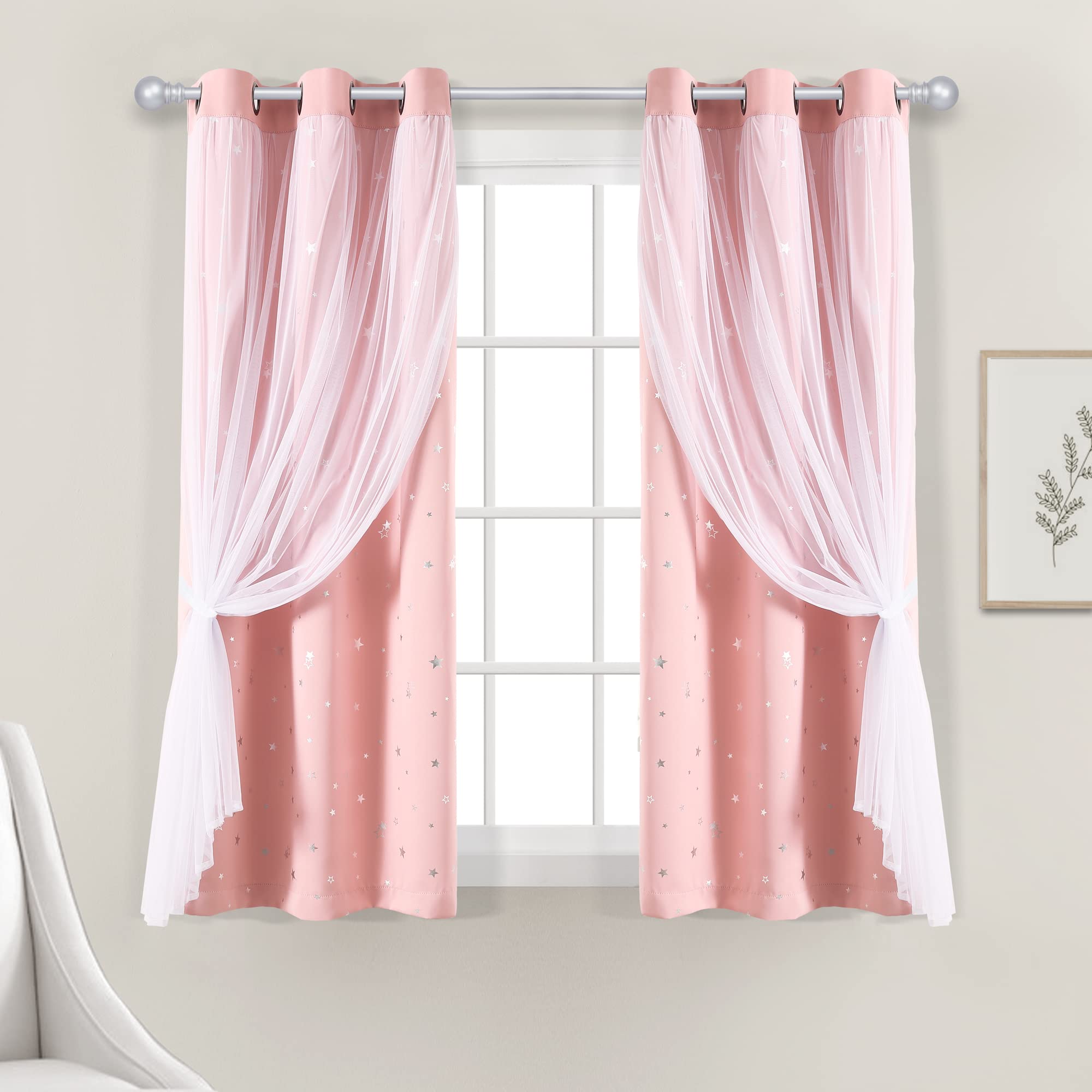 Lush Decor Star Sheer Insulated Grommet Blackout Window Curtain Panel Pair, 63' L X 38' W, Pink