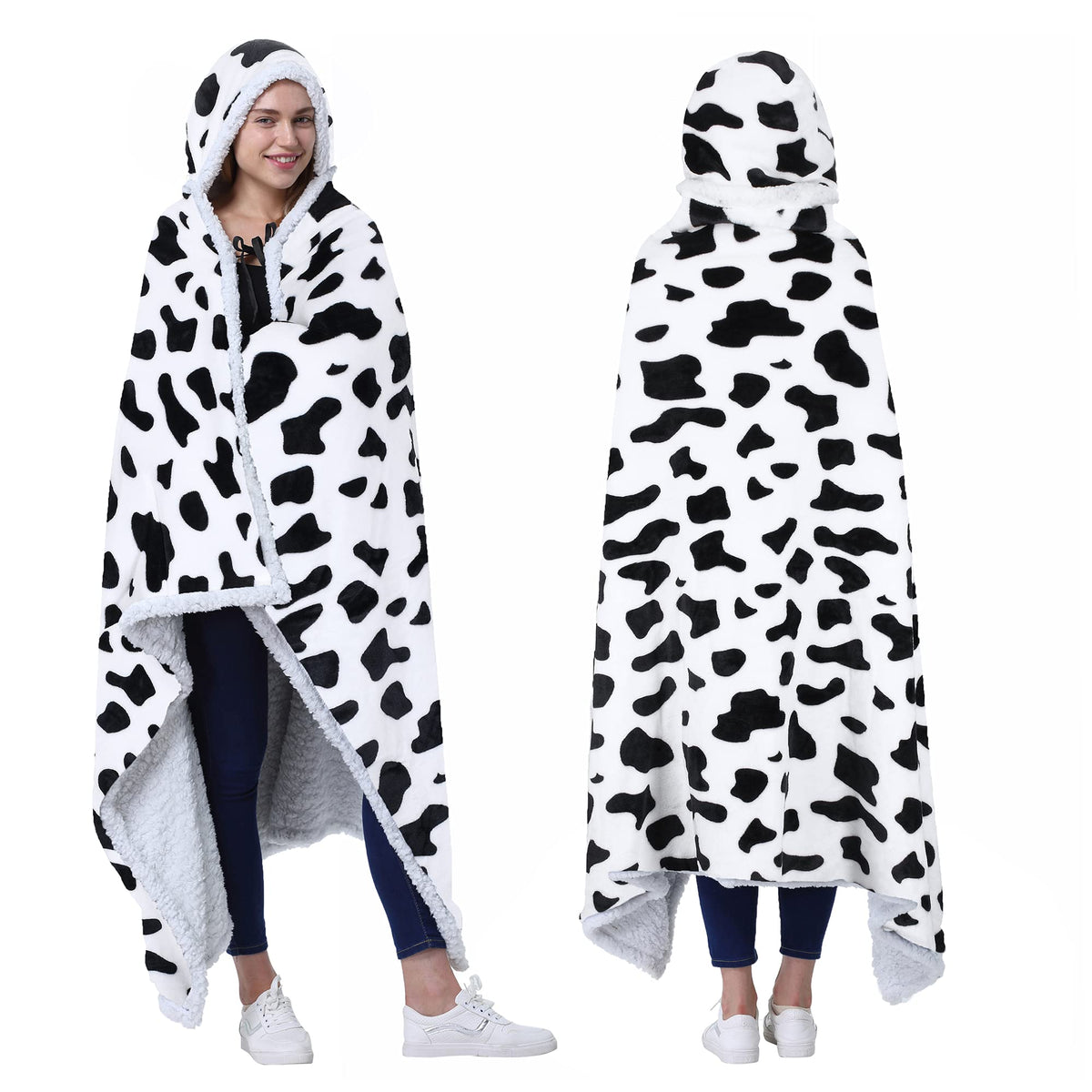 Catalonia Cow Print Hooded Blanket Poncho | Wearable Blanket Wrap With Hand Pockets | Cozy Sherpa Fleece Throw Cape For Children