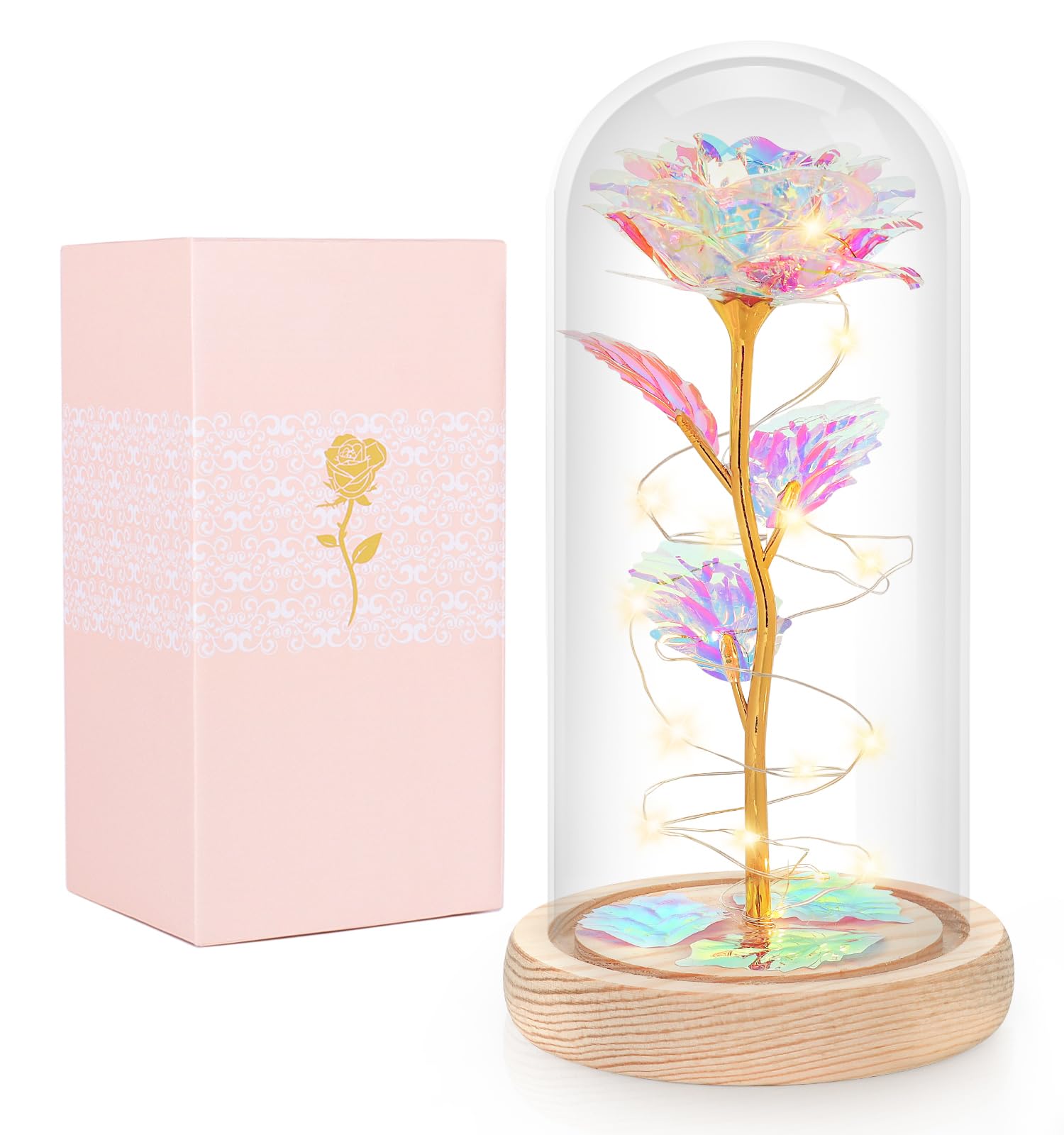 Beferr Mothers Day Mom Gifts for Women Birthday Gifts Galaxy Rose Enchanted Crystal Flower Gift Light Up Rose in Glass Dome Moth