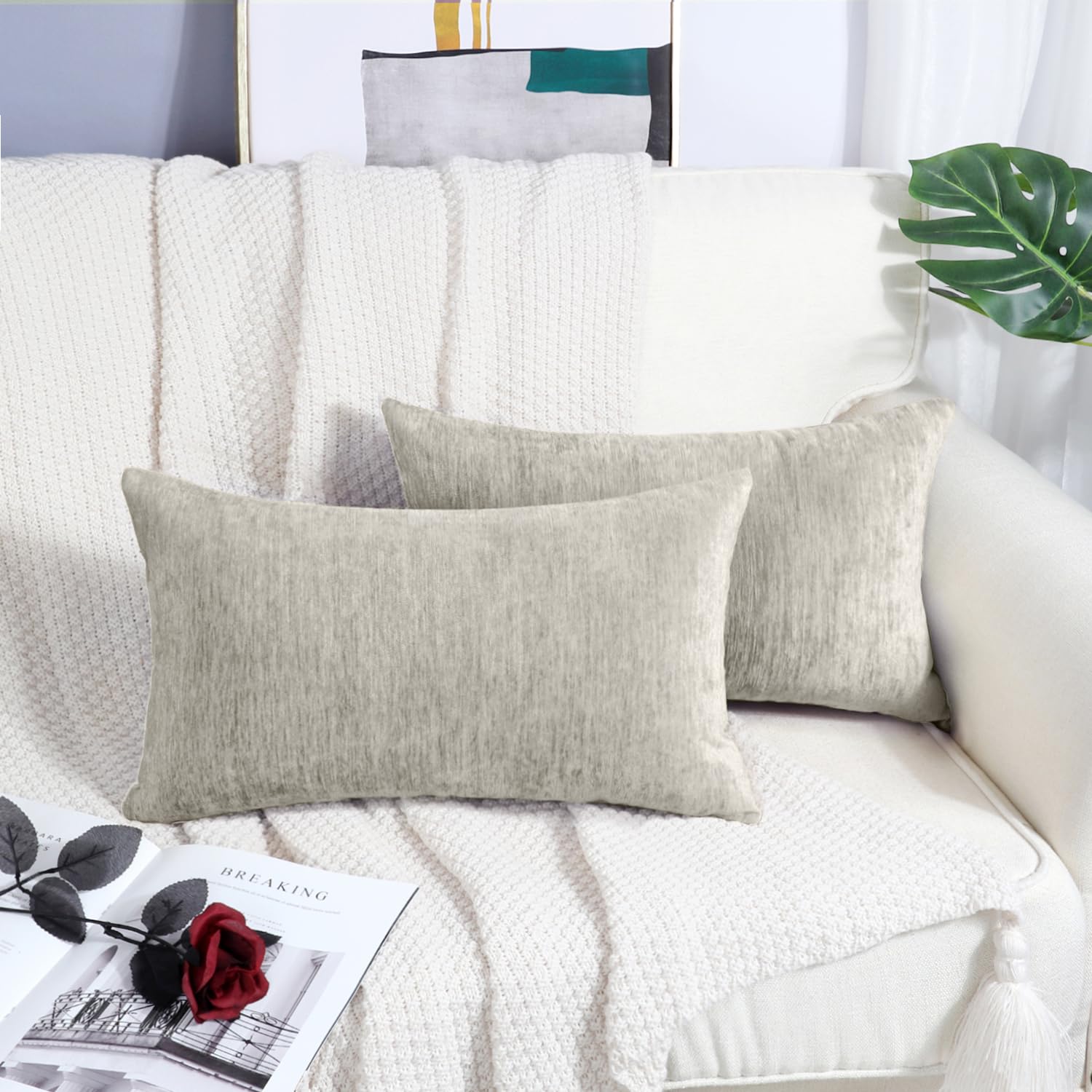 Brawarm Chenille Throw Pillow Covers 12X20 Inches - Taupe Chenille Lumbar Pillow Covers Pack Of 2, Solid Dyed Soft Chenille Pill